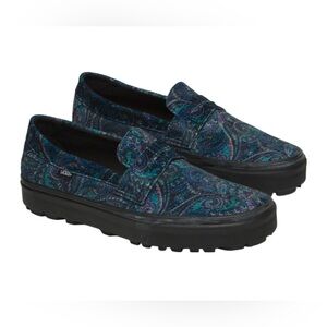 Vans Style 53 Velvet Paisley Dark Blue Slip On Loafers, Women's Size 6.5, NWOT